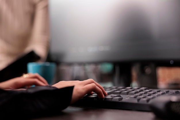 app software developer typing machine learning html code on computer, checking artificial intelligence project. programming engineer working on database system with coding script. close up