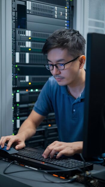 asian developer programming code on firewall server using computer and binary code to program appl
