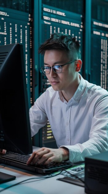 asian developer programming code on firewall server using computer and binary code to program appl