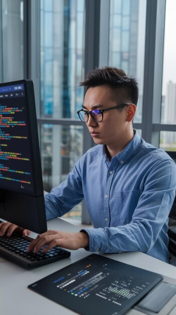 asian developer using binary code to script security system programming firewall encryption