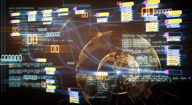 blockchain and programming concept with node base programming and binary code