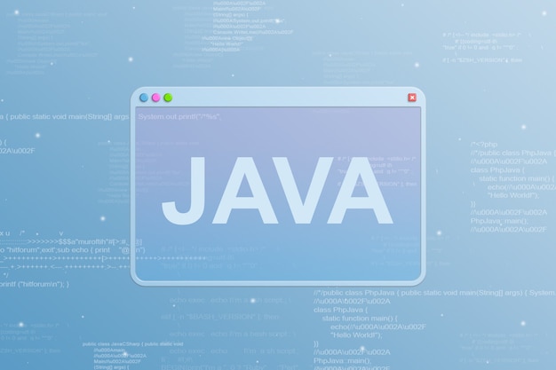 browser window with java programming language icon and code elements in the background 3d