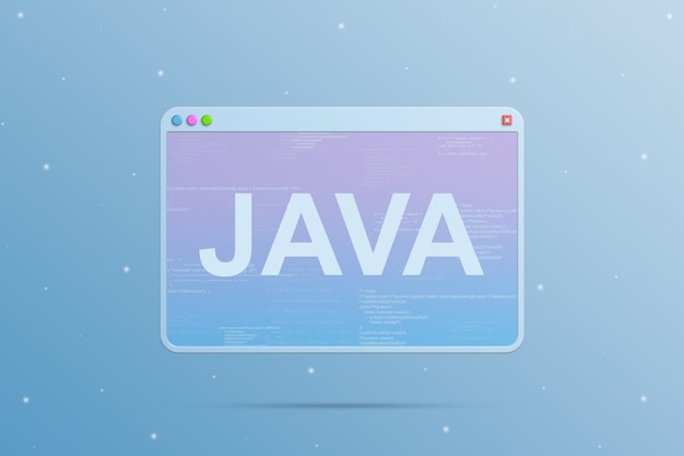 browser window with java programming language icon and with program code elements on the screen 3d