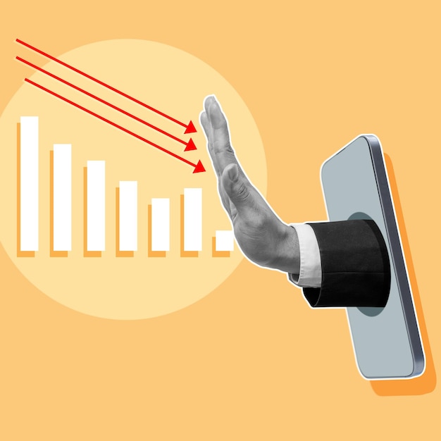 the business hand refuses a decrease the financial graph through the mobile screen