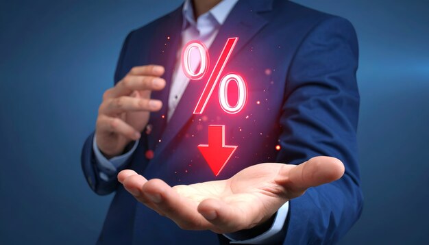 businessman presenting financial interest rate decrease
