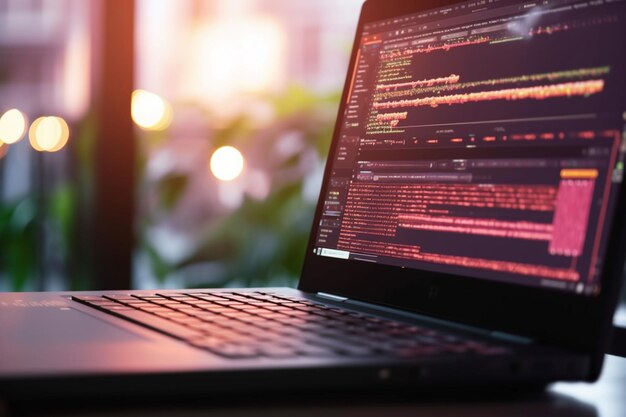 closeup computer code on screen man programmer software developer coding and programming on laptop