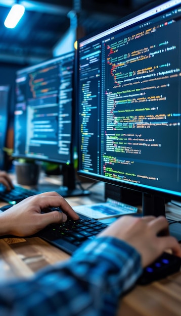 closeup of developers coding in python javascript and java on multiple monitors technology and precision