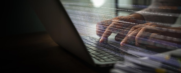 closeup programmer coding hands on a computer development web types coding text and data coding programming skills