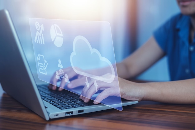 cloud computing concept woman using computer login cloud computing concept and cloud computing security for using data on cloud computing data