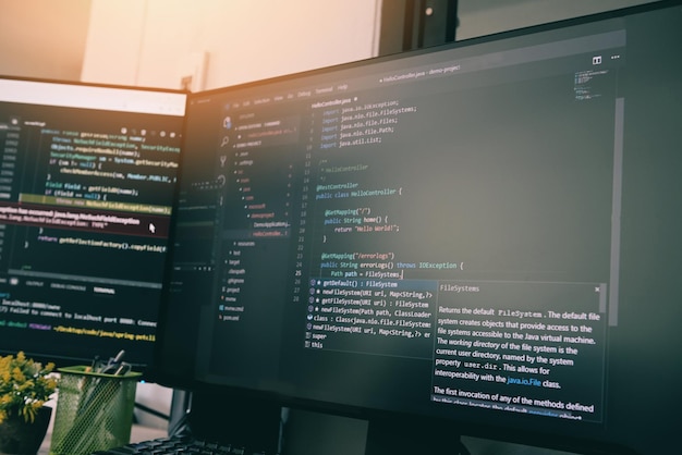 coder programmers working in office programmer analyst writing code coding program on screen computer for learning and developing programs digital coding scripts java language