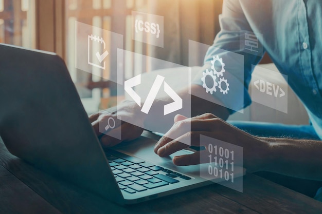 coding software concept developer work on computer writing programming code
