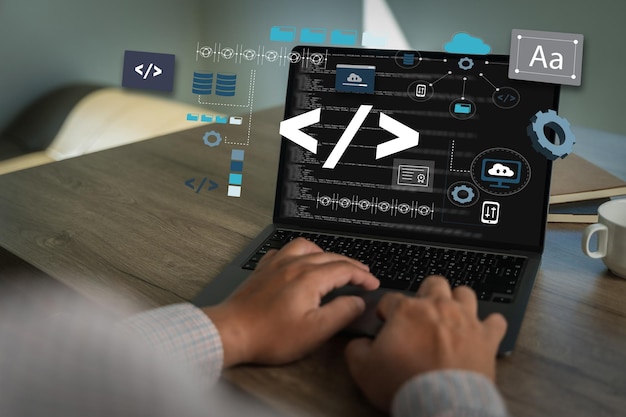 coding web man hands coding html and developer software programming on screen laptop computer typing data code website programming with html technology