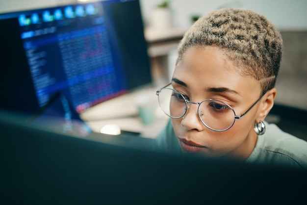 computer cyber security and face of woman programming erp software cybersecurity system or algorithm code programmer developer or coding machine learning cloud computing server or it database