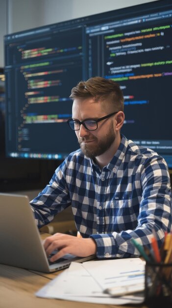 computer programmer uses capable laptop computer to develop programming code