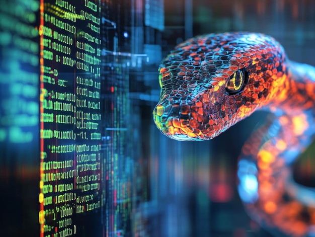 computer screen showcasing python code with digital snake representing data engineering programming