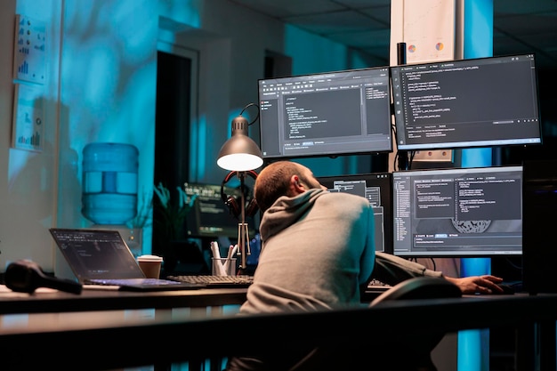 database admin typing programming code on computer with multiple monitors, working with html script. developing algorithms for artificial intelligence on terminal window, cloud computing.