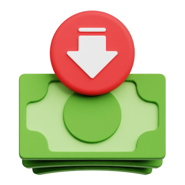 Decrease Stack Of Money 3D Icon Isolated On The White Background