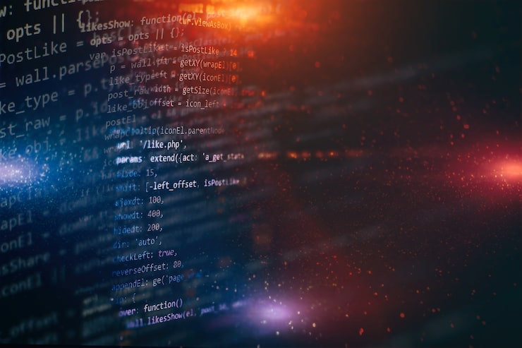 Photo developer programming code. abstract computer script code. programming code screen of software developer. software programming work time.