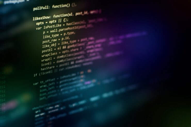 Photo developer programming code. abstract computer script code. programming code screen of software developer. software programming work time.