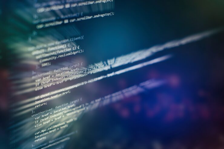 Photo developer programming code. abstract computer script code. programming code screen of software developer. software programming work time.