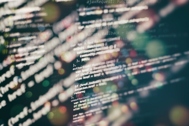 developer programming code. abstract computer script code. programming code screen of software developer. software programming work time.