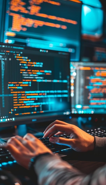 developers coding in python javascript and java programming language screens tech design