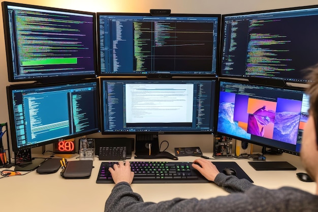 developers workspace multiscreen computer setup for software programming and coding