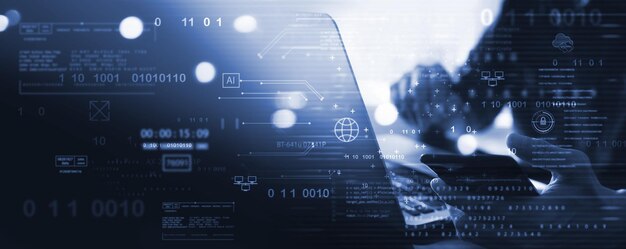 digital technology software development ai artificial intelligence concept computer programmer or software engineer programming with computer code and cloud computing technology background