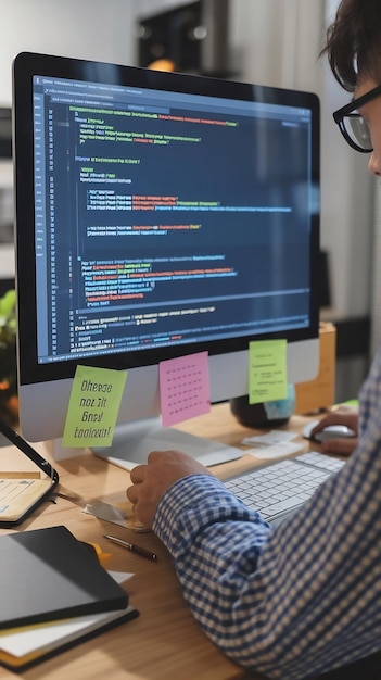 freelance coder typing javascript code on computer to develop online cloud computing information