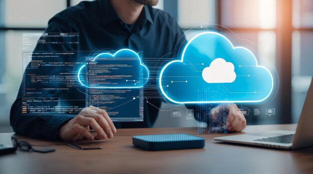 fullstack developer working on cloud integration coding in the background modern software development process cloud integration software development keywords fullstack developer