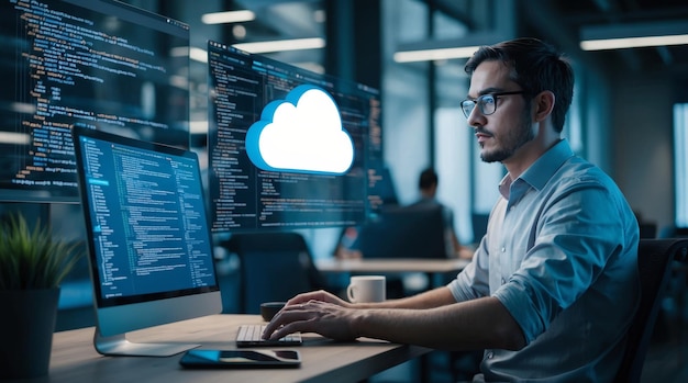 fullstack developer working on cloud integration coding in the background modern software development process cloud integration software development keywords fullstack developer