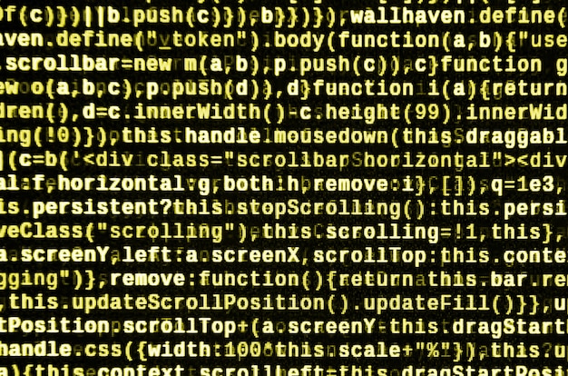 テキストエディターのJavaScriptコード。コーディングサイバースペースコンセプト。 Web開発コードの画面