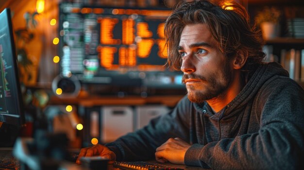 a javascript developer using version control software in a collaborative workspace