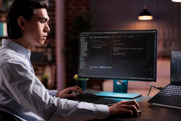male freelancer developing app software on computer, working with binary code program to create firewall security server. programming application code with cloud computing on high tech interface.