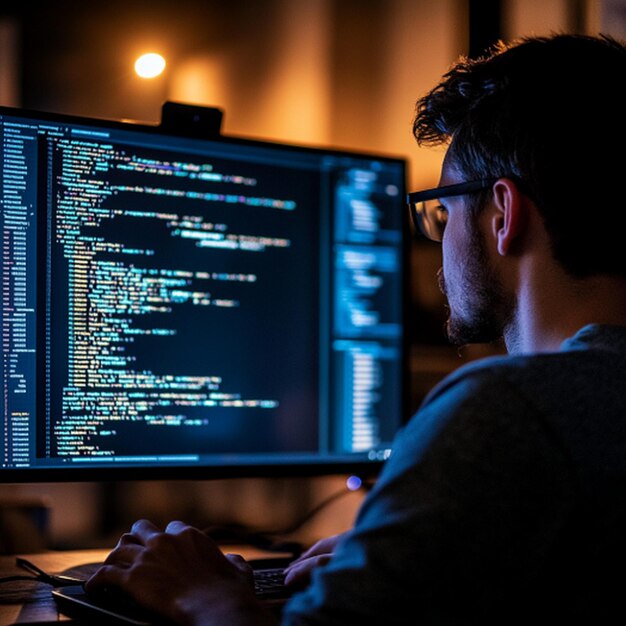 a man is working on a computer with the code code code code on the screen