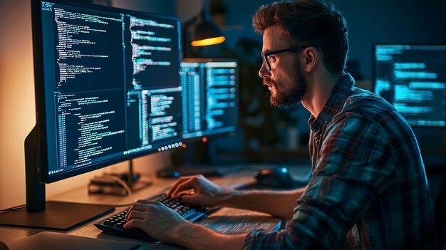 a man works on a computer with the code code code code on the screen