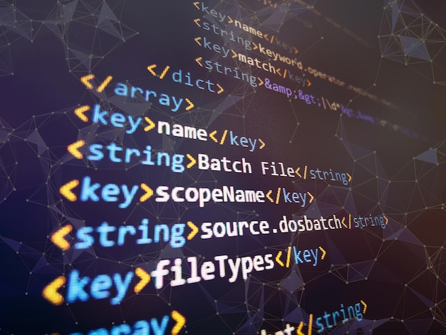 monitor closeup of function source code. abstract it technology background. software source code.
