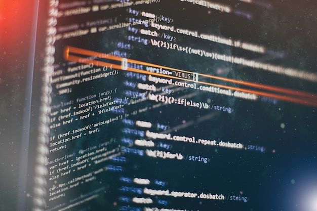 monitor closeup of function source code. abstract it technology background. software source code.