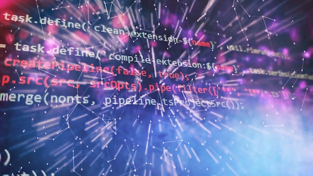 monitor closeup of function source code. abstract it technology background. software source code.