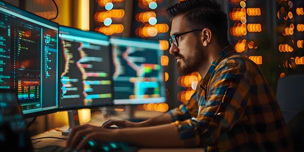 a programmer working on coding in a server room for data processing concept server room data processing coding programmer technology