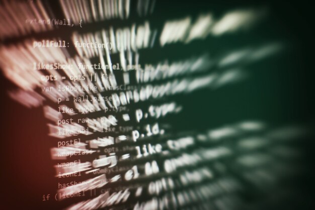 programmer working in a software develop company office. digital binary data on computer screen. computer script typing work. programming code abstract screen of software developer.
