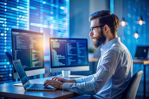 programming code abstract background screen of software closeup of java script php code on blue background in code editor