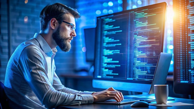 programming code abstract background screen of software closeup of java script php code on blue background in code editor