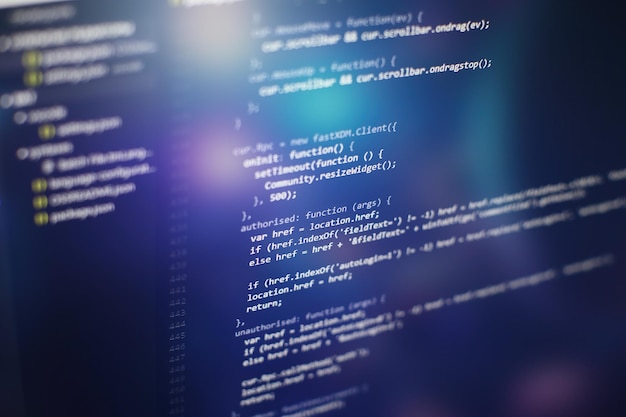 programming code on computer screen. software development. writing program code on computer.
