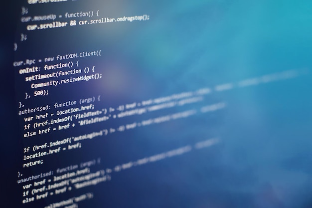 programming code on computer screen. software development. writing program code on computer.