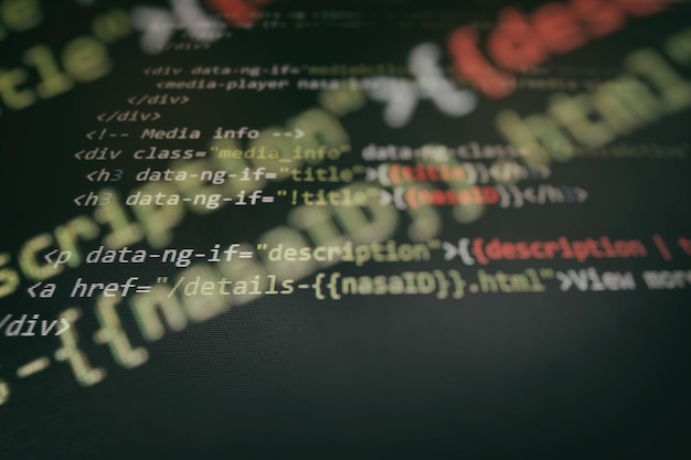 programming code screen of software developer. software programming work time. code text written and created