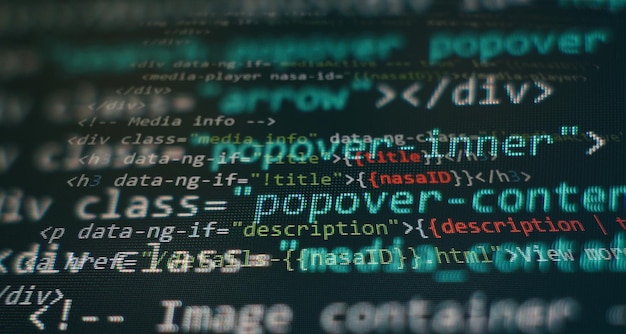 programming code screen of software developer. software programming work time. code text written and created