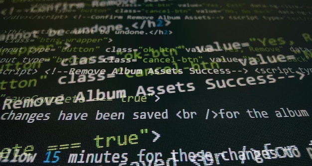 programming code screen of software developer. software programming work time. code text written and created