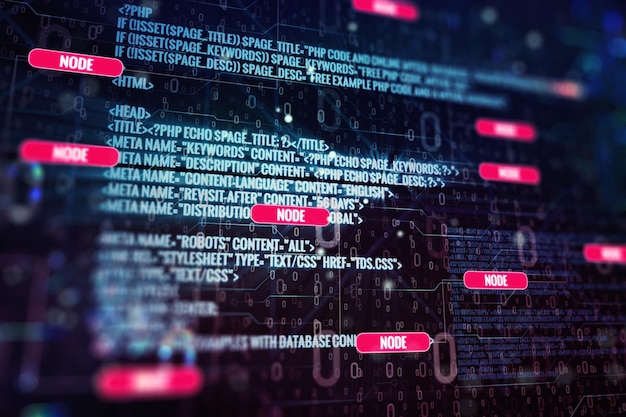 programming and coding concept with binary code and nodes 3d rendering