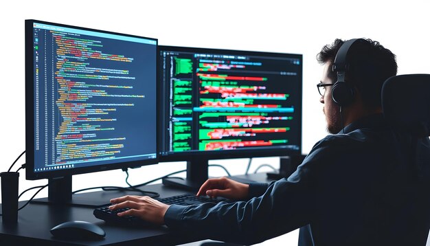 programming developing software application programmer writing program code with two monitors and